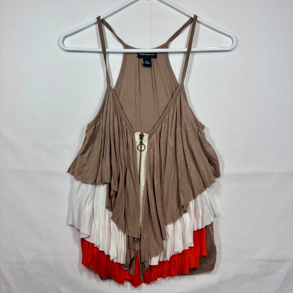 Seductions Ruffle Tank Top‎ Sleeveless Zipper Front Layered Brown Orange White S